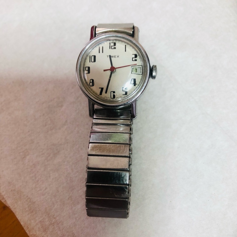 Timex Silver Watch with Red Second Hand and Black Numerals